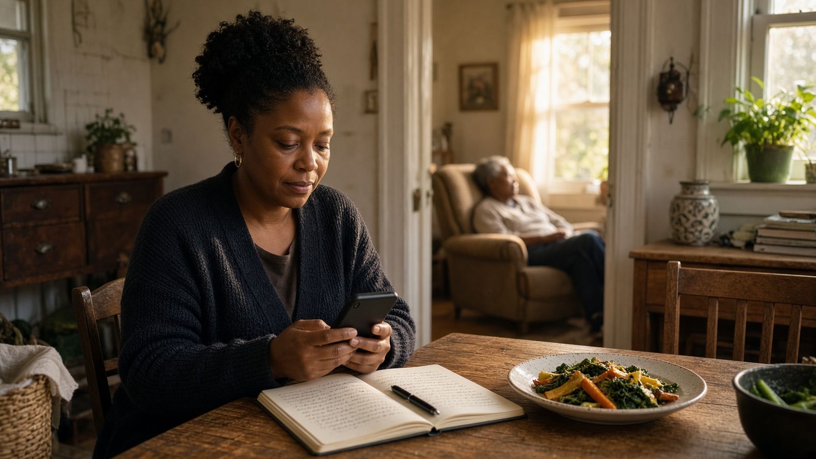 A woman using a phone at the kitchen table while an older parent rests nearby
