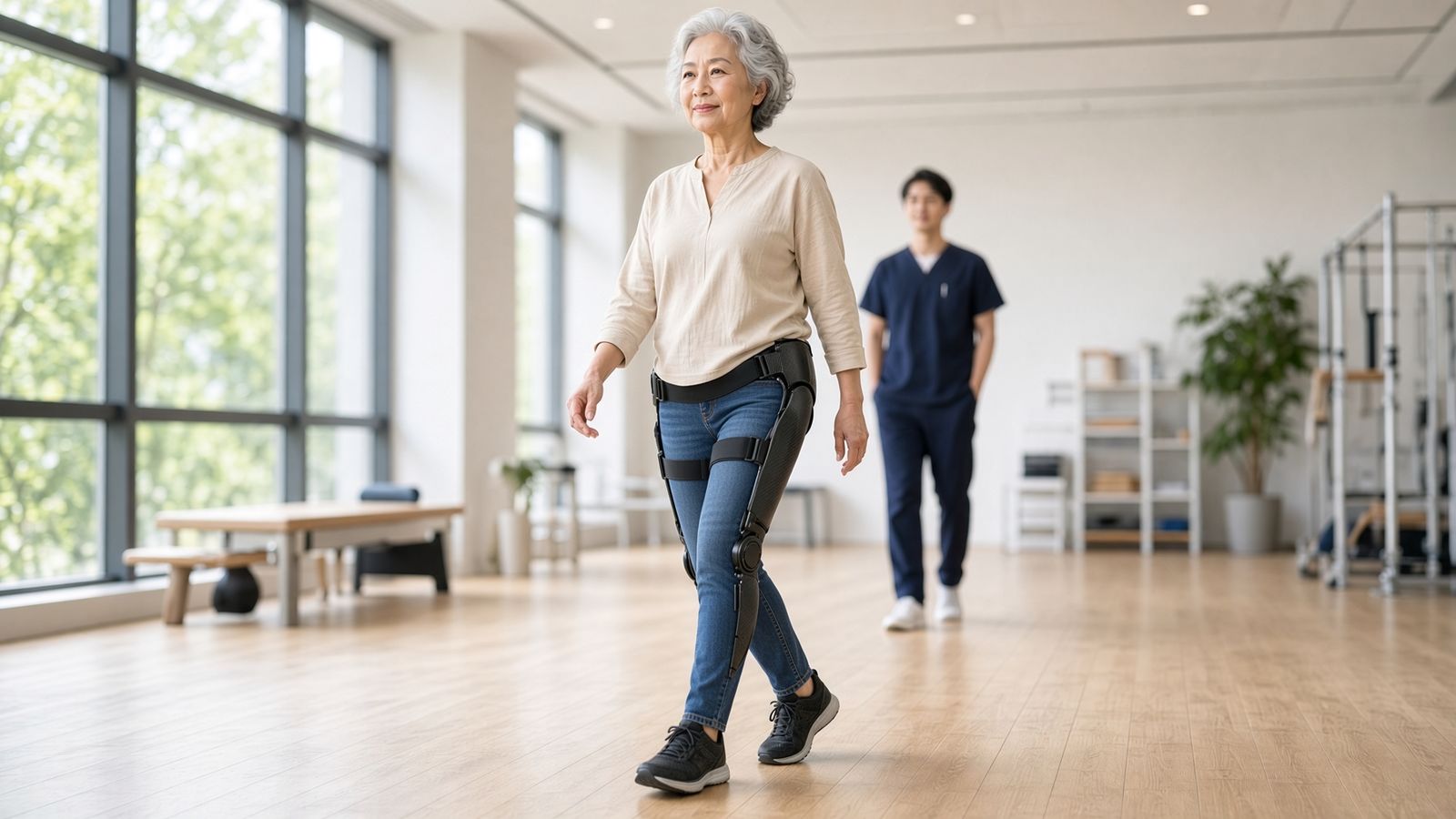 An older woman taking a step in a lightweight assistive mobility suit